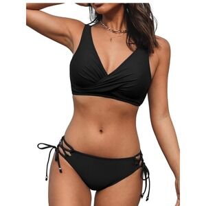 Cupshe Black Twist Front V Neck Lace Up Bikini Set  Size Large